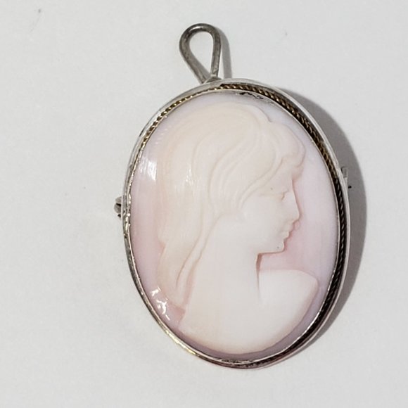Vintage 800 Sterling Silver Shell Cameo Brooch Pendant #8504 - Picture 2 of 6